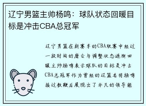 辽宁男篮主帅杨鸣：球队状态回暖目标是冲击CBA总冠军